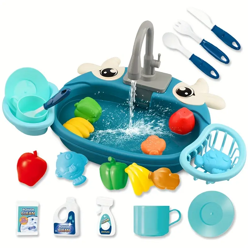 Kids Toy Kitchen Sink with Real Water Flow Play Set